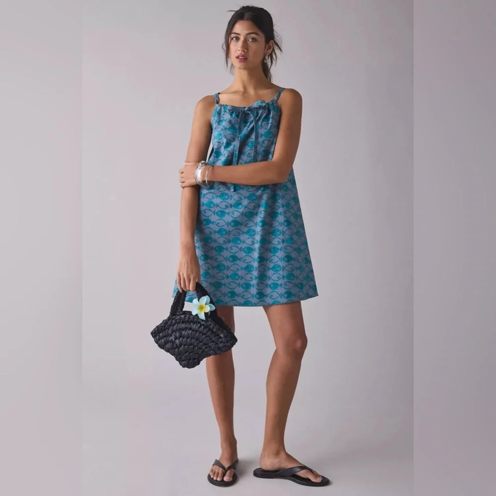 Urban Outfitters BDG Eva Tie-Front Ruched Strap Trapeze Mini Dress Blue Fish NWT - Picture 1 of 5